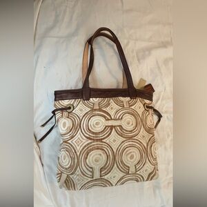 Coach Brown and Cream Patterned Tote Bag with Brown Leather COACH Hangtag